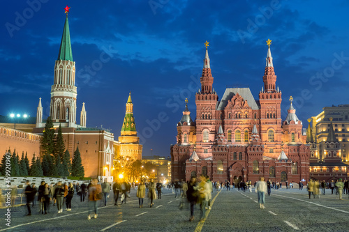 Moscow Red Square. Russia night. People on red square. Moscow Kremlin. People near Moscow Kremlin. Red Square with blurred faces. Travel to capital of Russia. Tourism in Russian Federation.