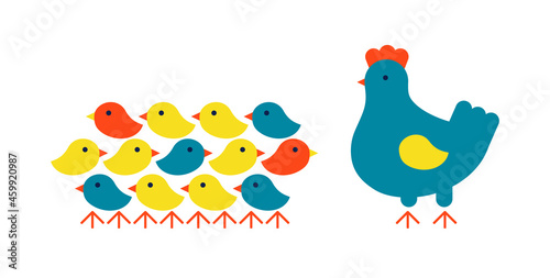 Bunch of cute newly hatched chicks with mother hen. Flat vector illustration isolated on white.