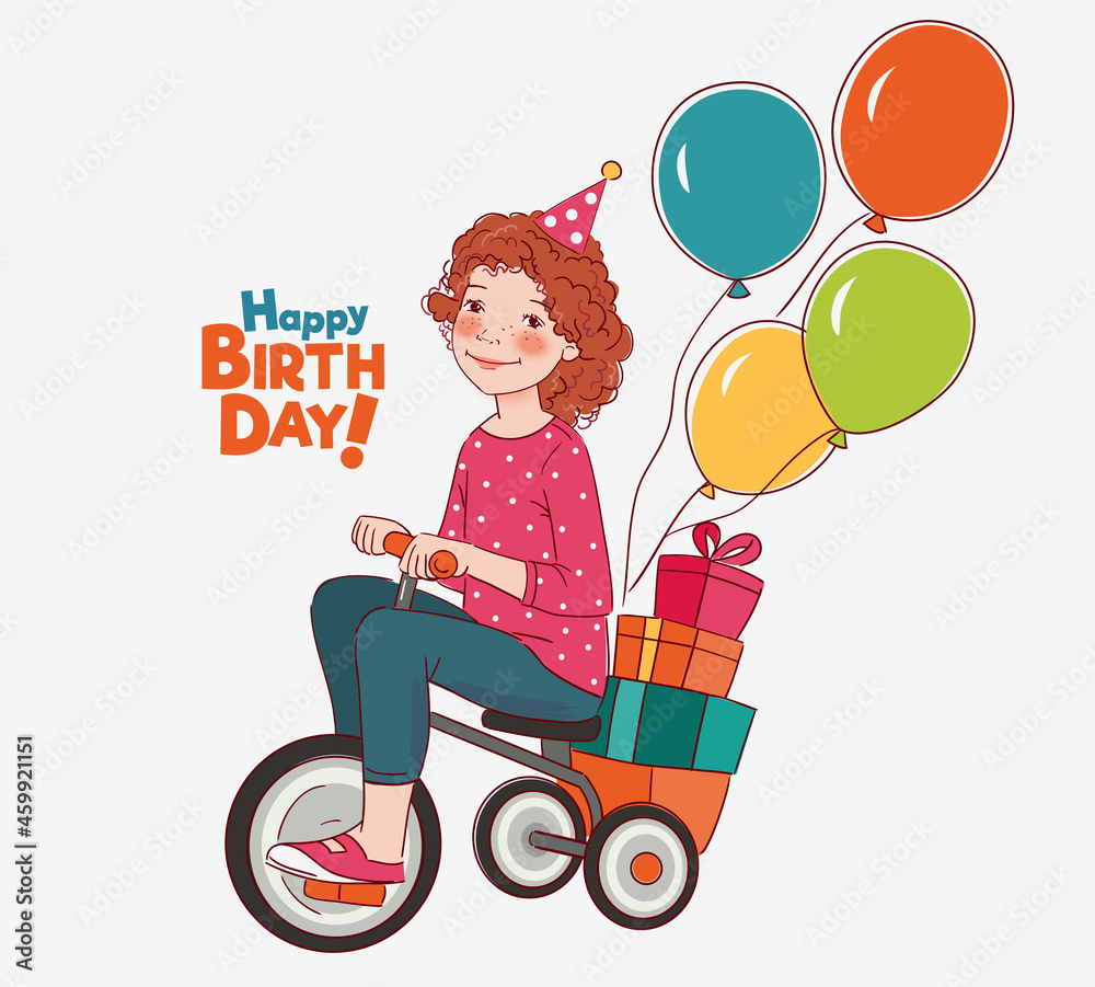Cute kid rides on bicycle. Funny girl having fun. Happy Birthday illustration vector concept