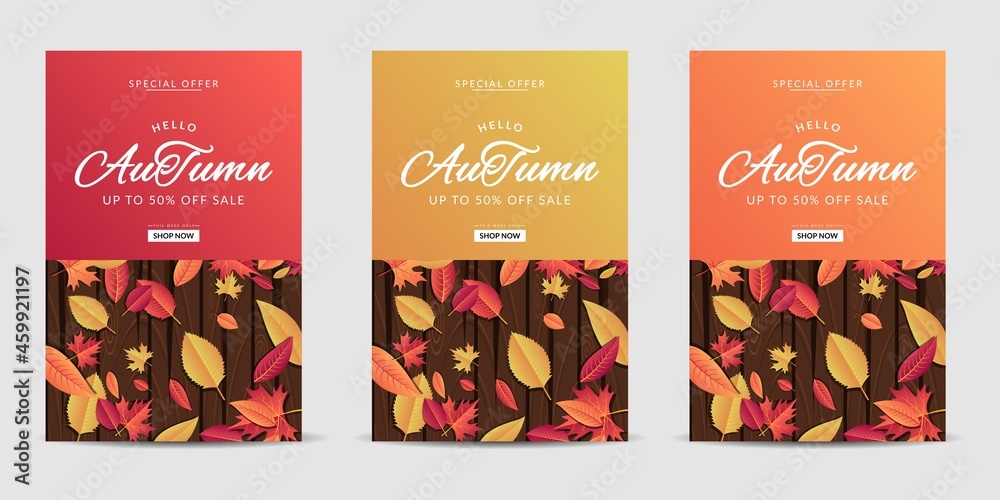 Vector set cover background with colorful leaves. It is suitable for banner, poster, flyer, advertising, etc. Vector illustration