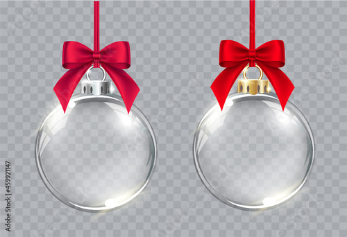 Obraz na plátně Collection of vector realistic transparent Christmas balls with red bows on a light abstract background