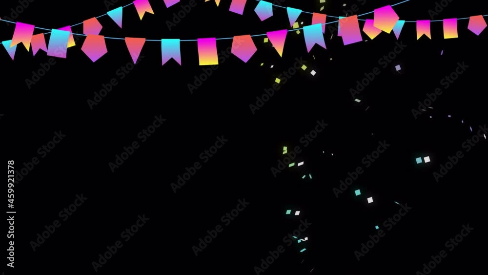 colorful confetti and flags animation with alpha channel and luma matte. party or birthday celebration. winning congratulations template with transparent background. Carnival, Festive Holiday