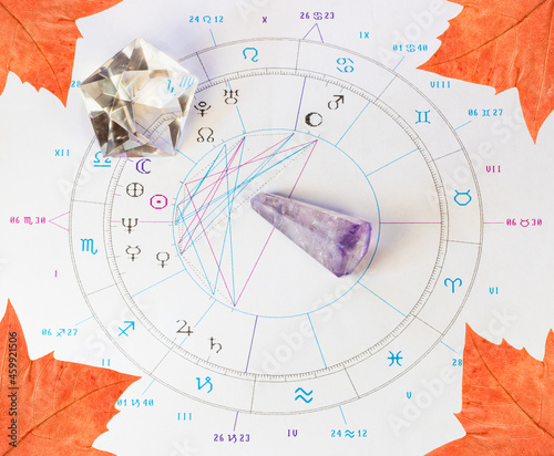 Astrology birth chart with crystals and autumn leaves. photo