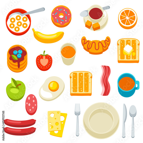 Healthy breakfast icons set. Various food and drinks. Illustration for cafes, restaurants and hotels.