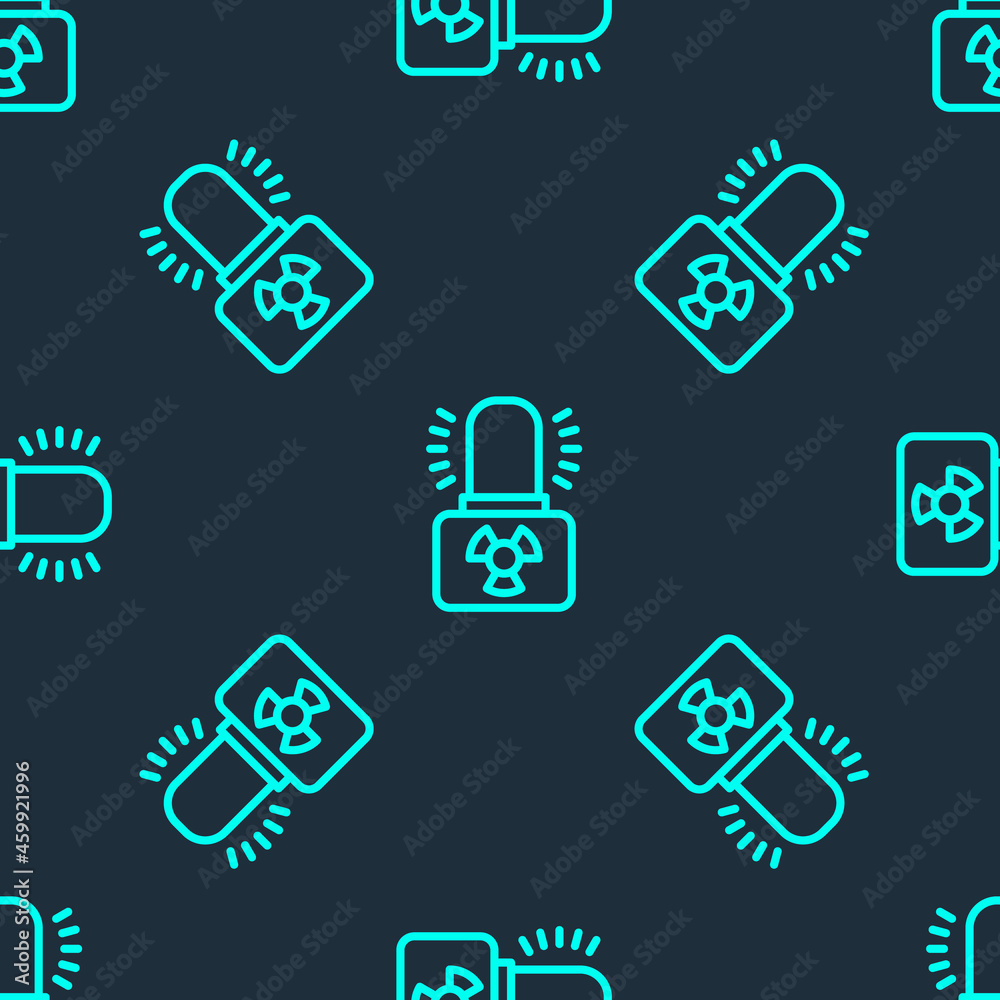 Green line Radioactive warning lamp icon isolated seamless pattern on blue background. Vector Green line Radioactive warning lamp icon isolated seamless pattern on blue background. Vector
