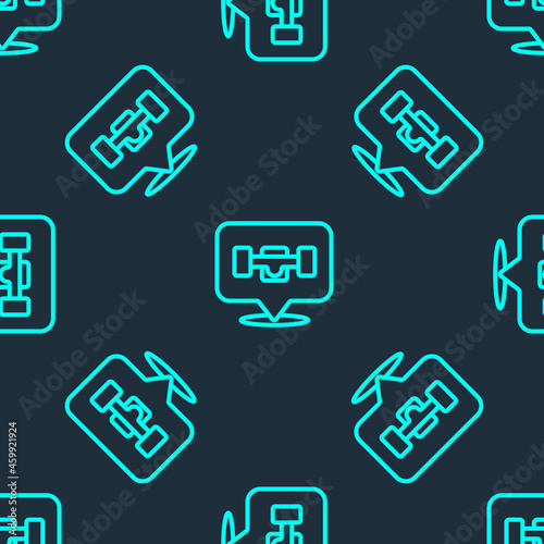 Green line Skateboard wheel icon isolated seamless pattern on blue background. Skateboard suspension. Skate wheel. Vector