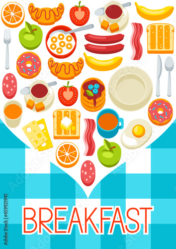 Healthy breakfast background. Various food and drinks. Illustration for cafes  restaurants and hotels.