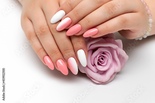 Gel design on long oval nails. Ombre white peach color. Hands close-up with a pink rose.