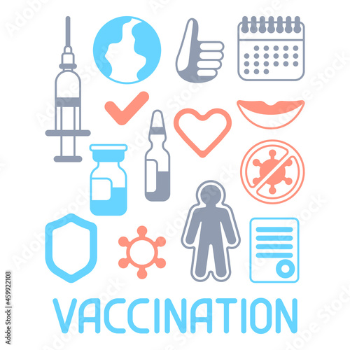 Vaccination set with vaccine icons. Immunization items. Health care and protection from virus.