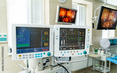 Medical emergency monitors for treating healthcare. Clinic therapy hospital ward.