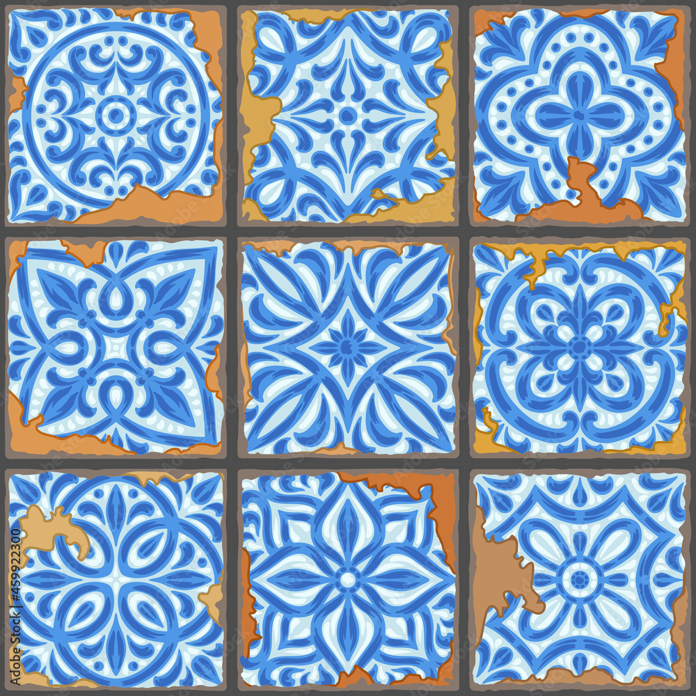 Portuguese azulejo vintage ceramic tile seamless pattern. Old grunge background with chipped enamel tile. Italian pottery or spanish majolica.