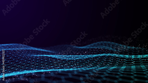 Abstract hexagon wave with moving dots. Flow of particles. Cyber technology illustration. 3d rendering