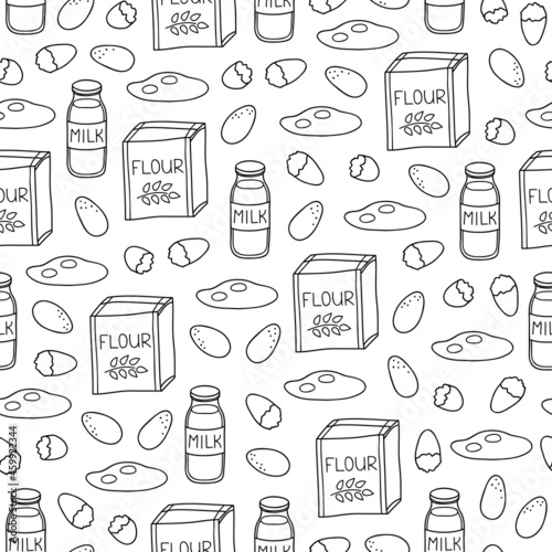 Seamless pattern with flour, eggs and milk.