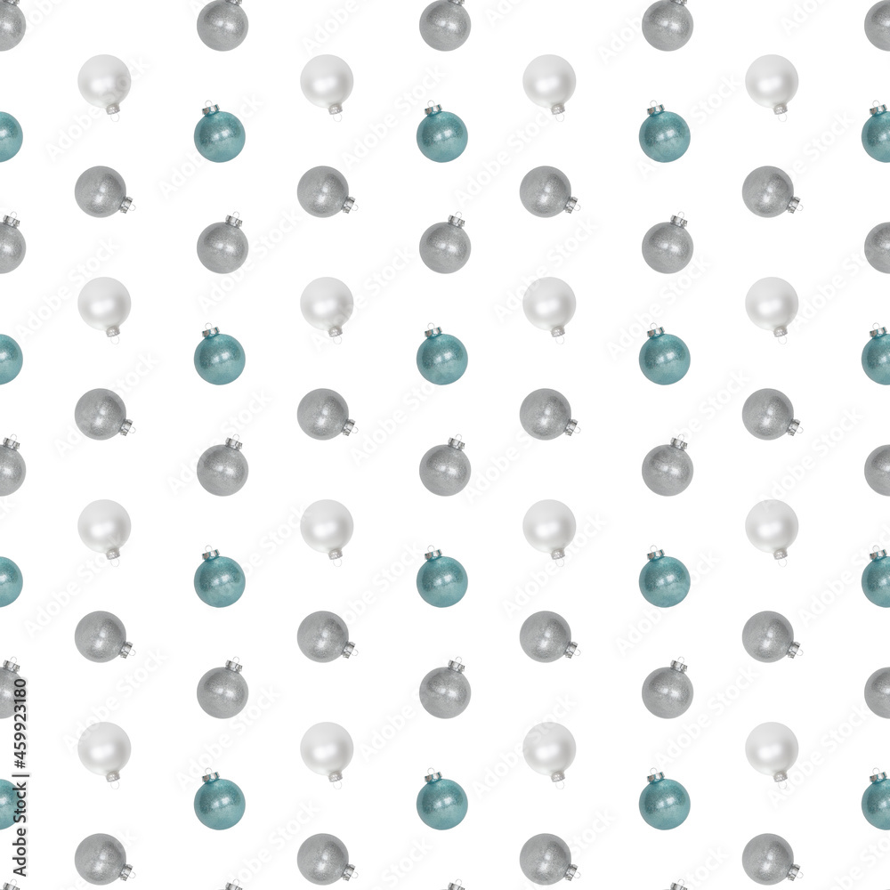 Christmas ball Seamless Background on White, glass white, gray and blue Christmas ornaments, mockup paper for wrapping new year gifts Christmas ball Seamless Background on White, glass white, gray and blue Christmas ornaments, mockup paper for wrapping new year gifts