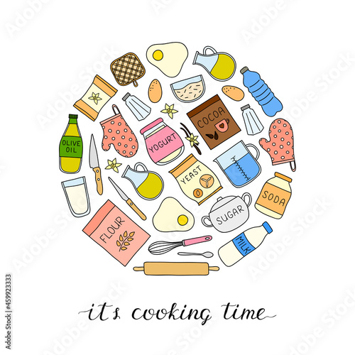 Doodle cooking, baking ingredients in circle.