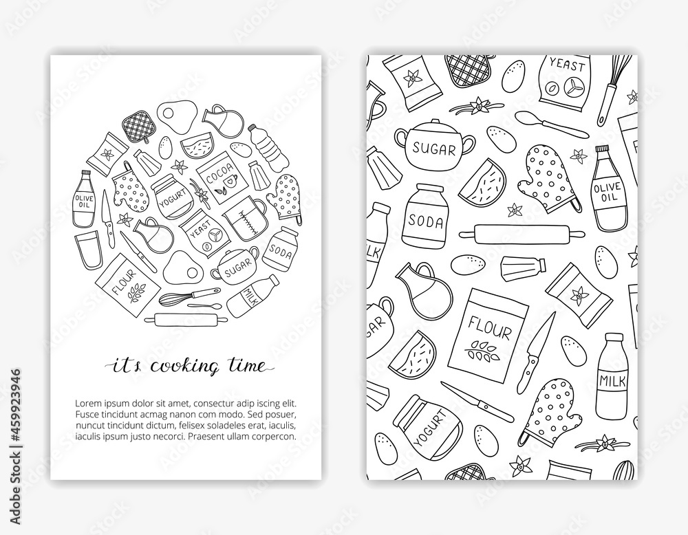 Obraz premium Card templates with doodle baking ingredients.