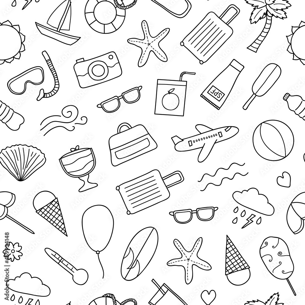 Seamless pattern with doodle summer items. Seamless pattern with doodle summer items.