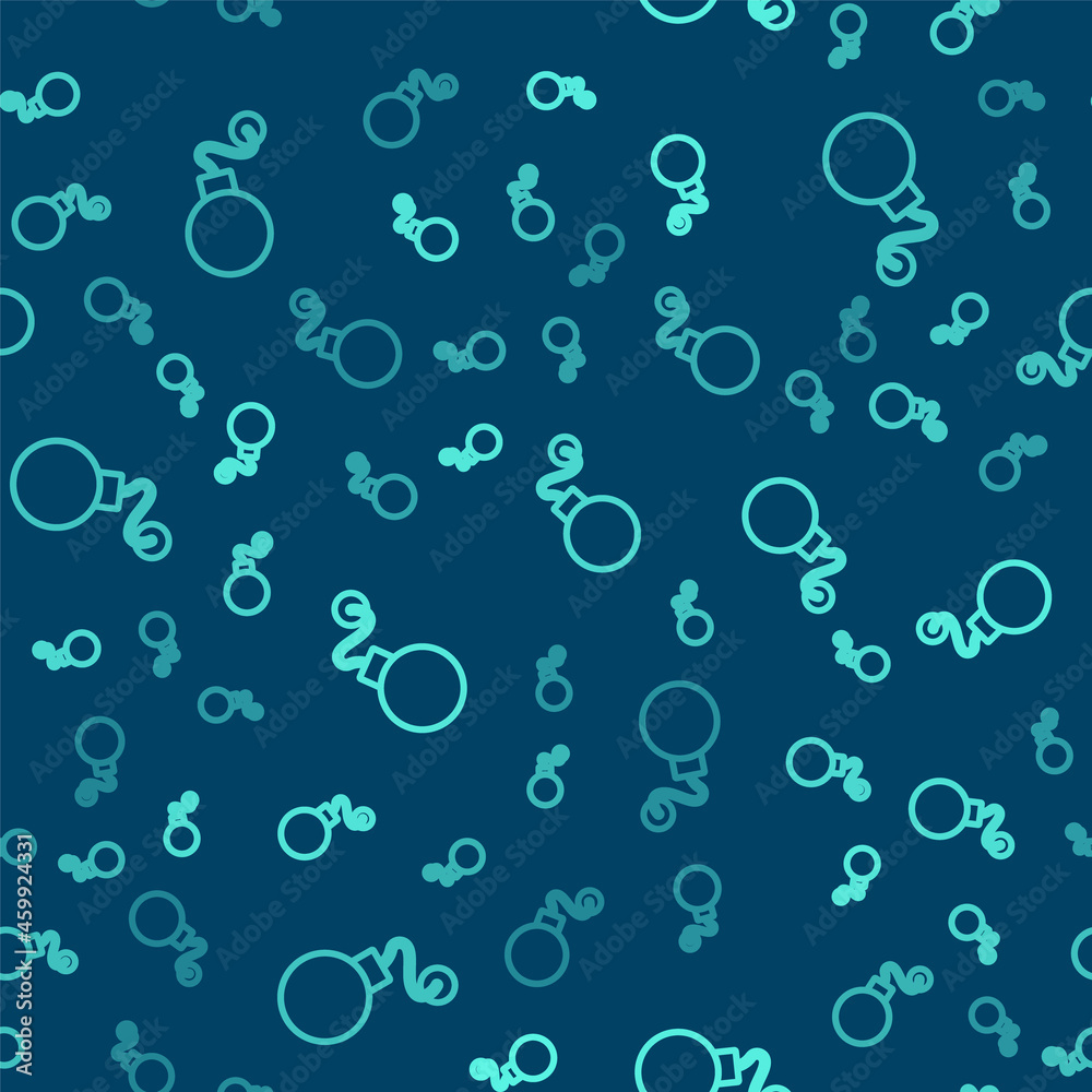 Green line Bomb ready to explode icon isolated seamless pattern on blue background. Vector
