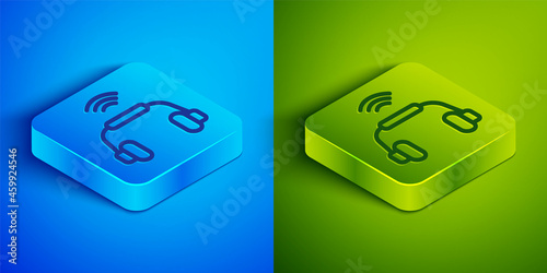Isometric line Smart headphones system icon isolated on blue and green background. Internet of things concept with wireless connection. Square button. Vector