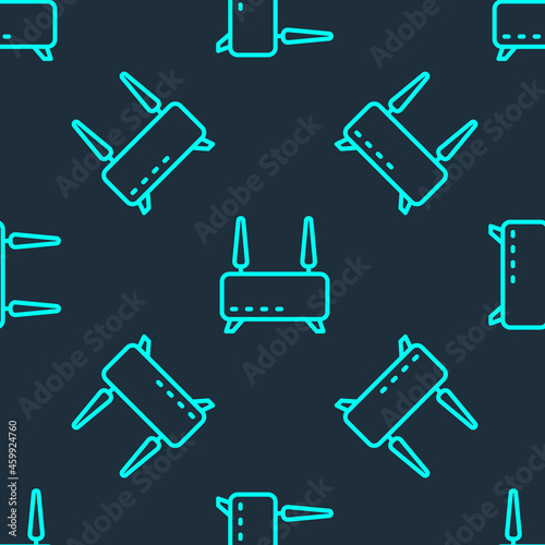 Green line Router and wi-fi signal icon isolated seamless pattern on blue background. Wireless ethernet modem router. Computer technology internet. Vector