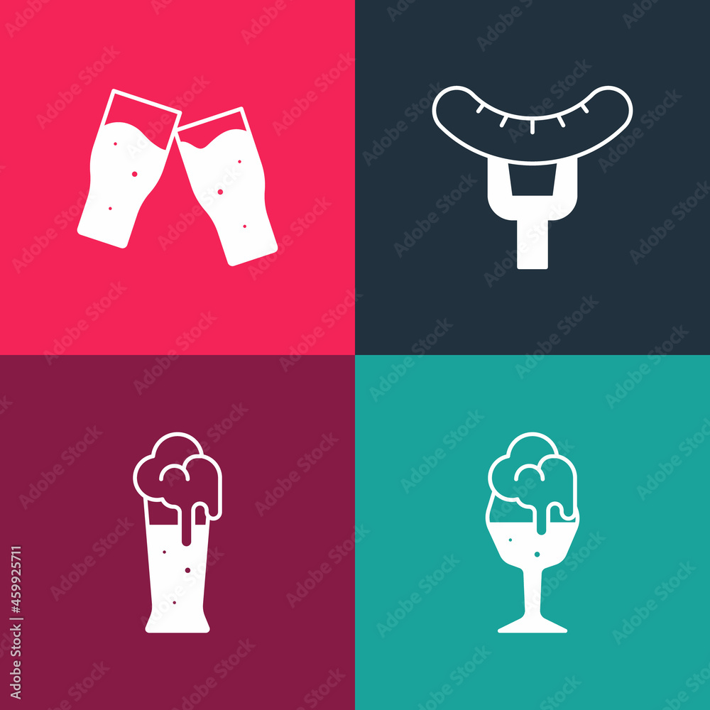 Set pop art Glass of beer, , Sausage on the fork and icon. Vector