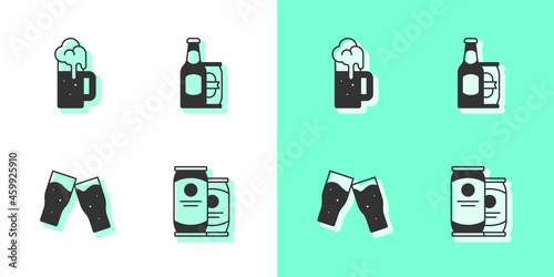 Set Beer can, Wooden beer mug, Glass of and bottle and icon. Vector