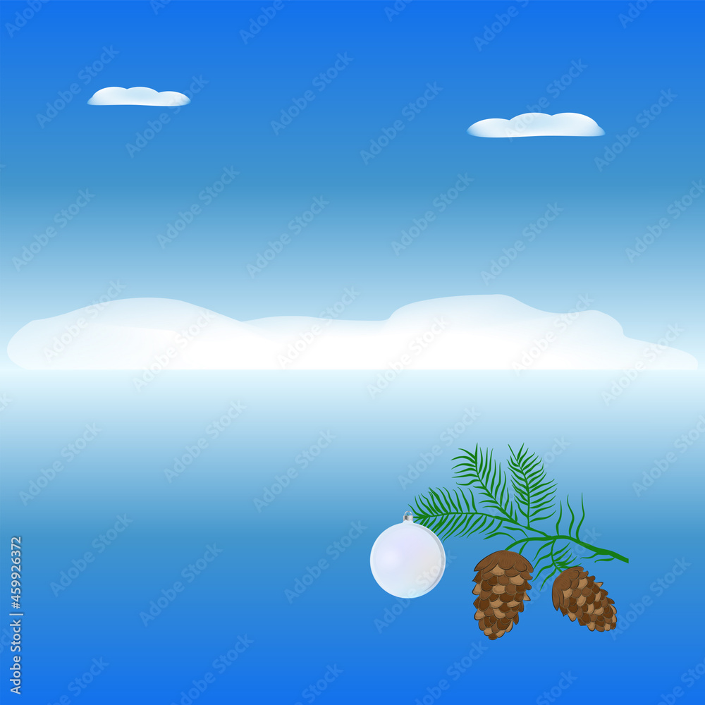 Winter day, snowy mountain, spruce branch, cones, Christmas ball - art illustration - vector. New Year. Christmas.