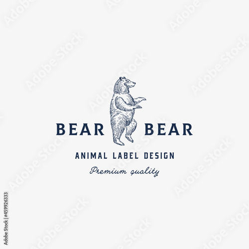 Grizzly Bear Abstract Vector Sign, Symbol or Logo Template. Hand Drawn Animal Sketch Silhouette with Retro Typography. Isolated
