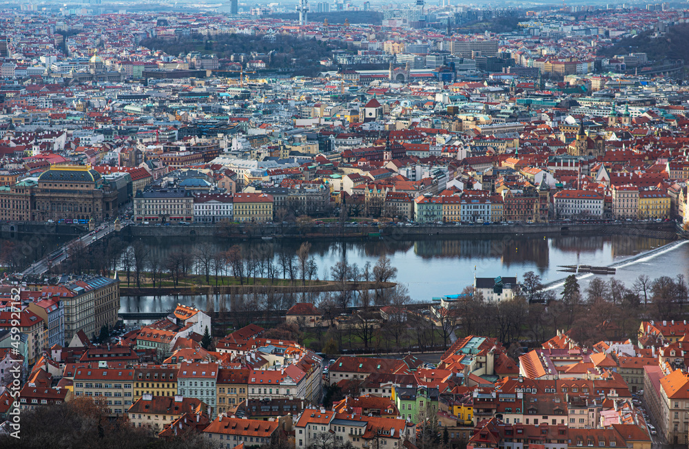 Rooftop view over historical center of Prague, Czech republic, Prague Castle. Romantic travel destination. Vintage filter of image.