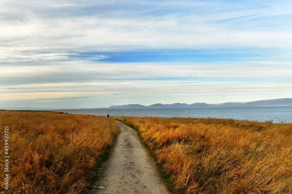 A path through the field overlooking the ocean coast and mountainous islands. Iceland.
