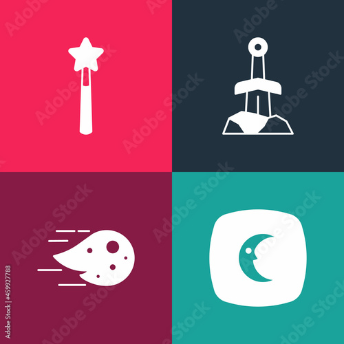 Set pop art Moon and stars, Fireball, Sword in the stone and Magic wand icon. Vector