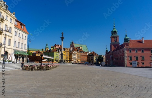 Warsaw old town square on a sunny day with very colorful houses