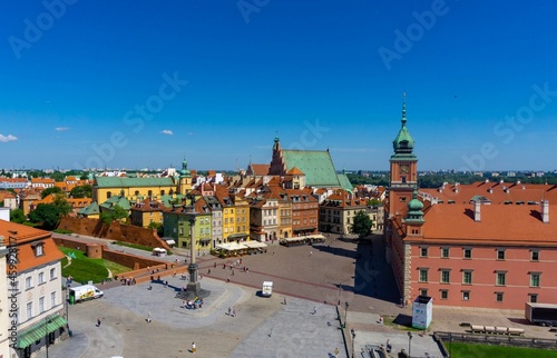 Warsaw old town square on a sunny day with very colorful houses