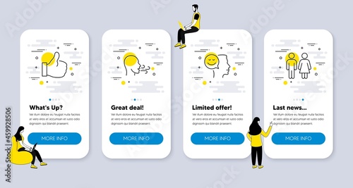 Vector Set of People icons related to Like, Good mood and Breathing exercise icons. UI phone app screens with people. Restroom line symbols. Thumbs up, Positive thinking, Breath. Wc toilet. Vector