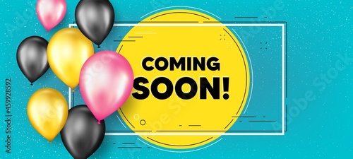 Coming soon text. Balloons frame promotion banner. Promotion banner sign. New product release symbol. Coming soon text frame background. Party balloons banner. Vector
