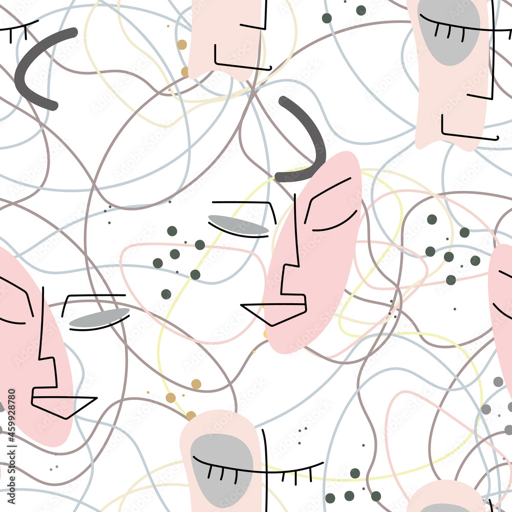Fototapeta premium Woman Face line. Abstract drawing seamless pattern