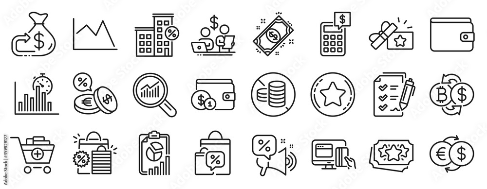 Set of Finance icons, such as Loyalty points, Line chart, Survey checklist icons. Payment, Calculator, Loan house signs. Loyalty star, Money exchange, Money wallet. Data analysis, No cash. Vector