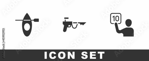 Set Kayak and paddle, Fishing harpoon and Assessment of judges icon. Vector