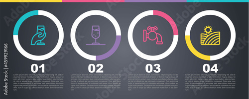Set line Wine tasting, degustation, glass, Tap for barrel and Vineyard wine grapes. Business infographic template. Vector