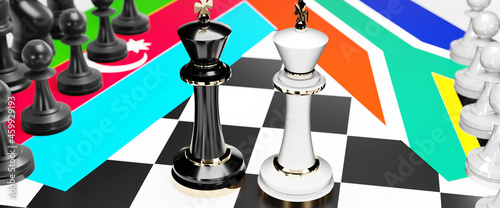 Azerbaijan and South Africa conflict, clash, crisis and debate between those two countries that aims at a trade deal and dominance symbolized by a chess game with national flags, 3d illustration