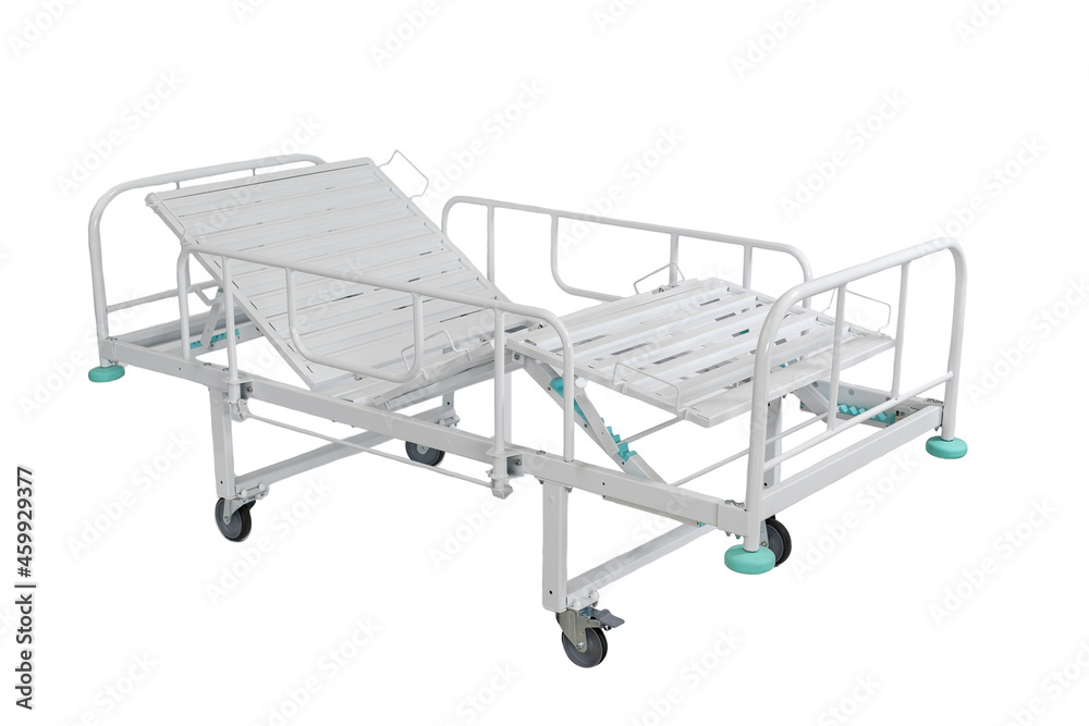 A medical bed for a hospital or nursing home. White background. A medical bed for a hospital or nursing home. White background.