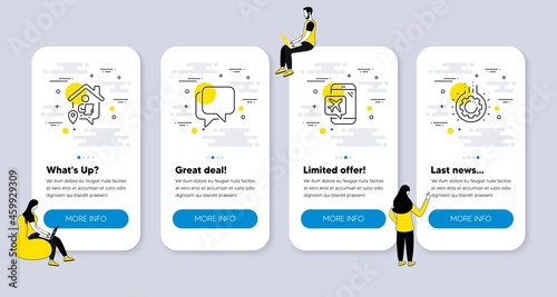 Vector Set of Technology icons related to Talk bubble, Work home and Flight mode icons. UI phone app screens with people. Gear line symbols. Chat message, Freelance work, Airplane mode. Vector