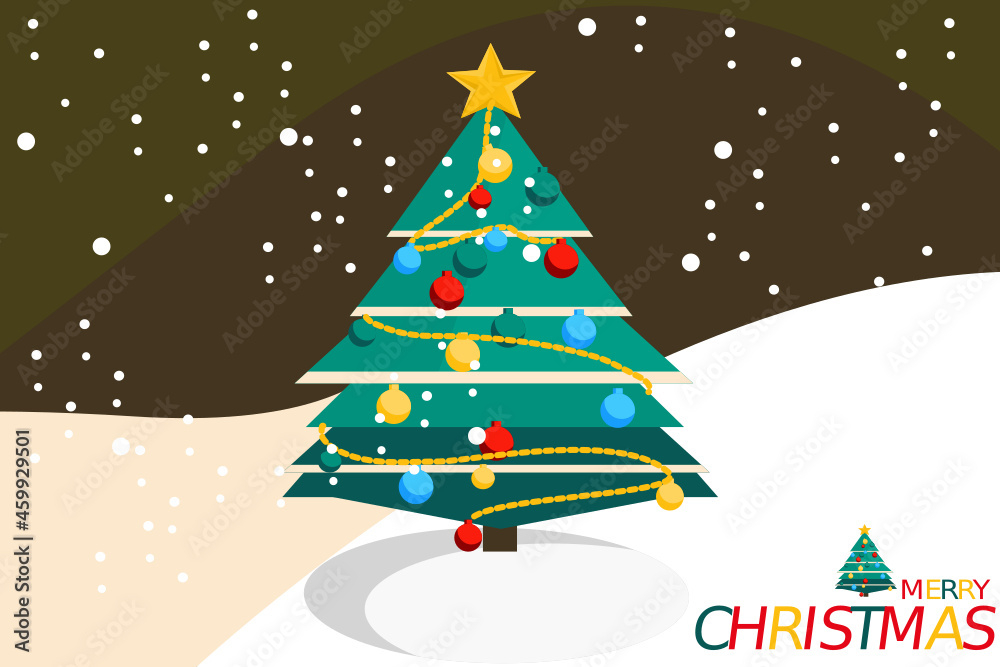 cartoon and flat art design with christmas tree decorate by ornament and snow fall background