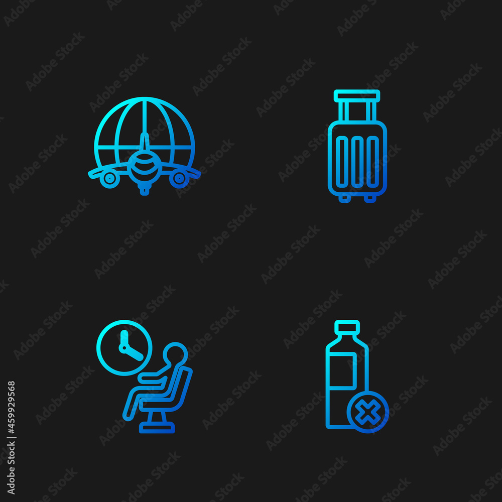Set line No water bottle, Human waiting in airport terminal, Globe with flying plane and Suitcase. Gradient color icons. Vector Set line No water bottle, Human waiting in airport terminal, Globe with flying plane and Suitcase. Gradient color icons. Vector