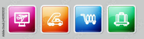 Set line Plane, Passenger ladder for plane boarding, Trolley baggage and Conveyor belt with suitcase. Colorful square button. Vector