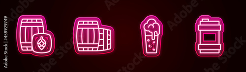Set line Wooden barrel, , Glass of beer and Metal keg. Glowing neon icon. Vector