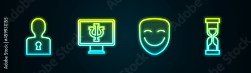 Set line Solution to the problem, Psychologist online, Comedy theatrical mask and Old hourglass. Glowing neon icon. Vector
