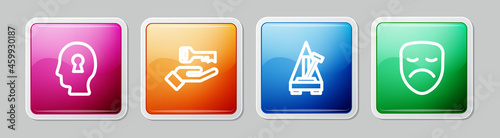 Set line Solution to the problem, , Metronome with pendulum and Drama theatrical mask. Colorful square button. Vector