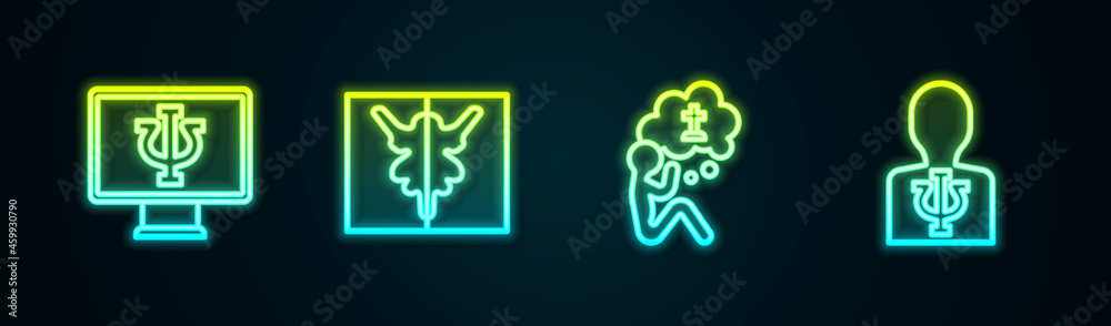 Set line Psychologist online, Rorschach test, Man graves funeral sorrow and Psychology, Psi. Glowing neon icon. Vector Set line Psychologist online, Rorschach test, Man graves funeral sorrow and Psychology, Psi. Glowing neon icon. Vector