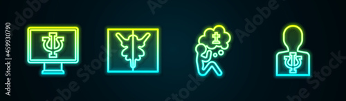 Set line Psychologist online, Rorschach test, Man graves funeral sorrow and Psychology, Psi. Glowing neon icon. Vector
